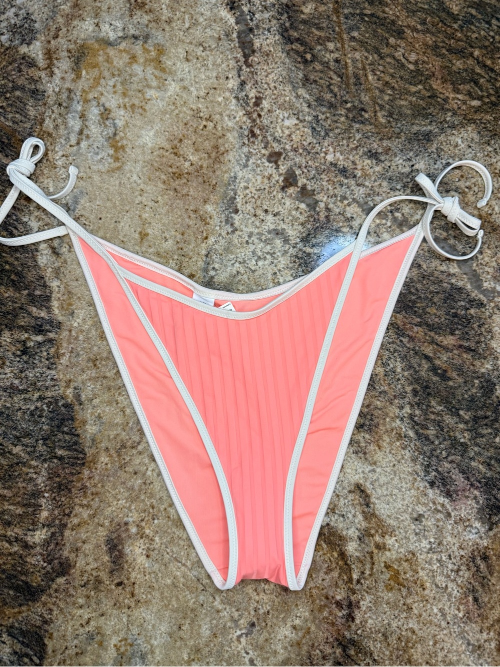 aerie Coral Pink Ribbed Tie-Side Bikini Bottom with White Trim